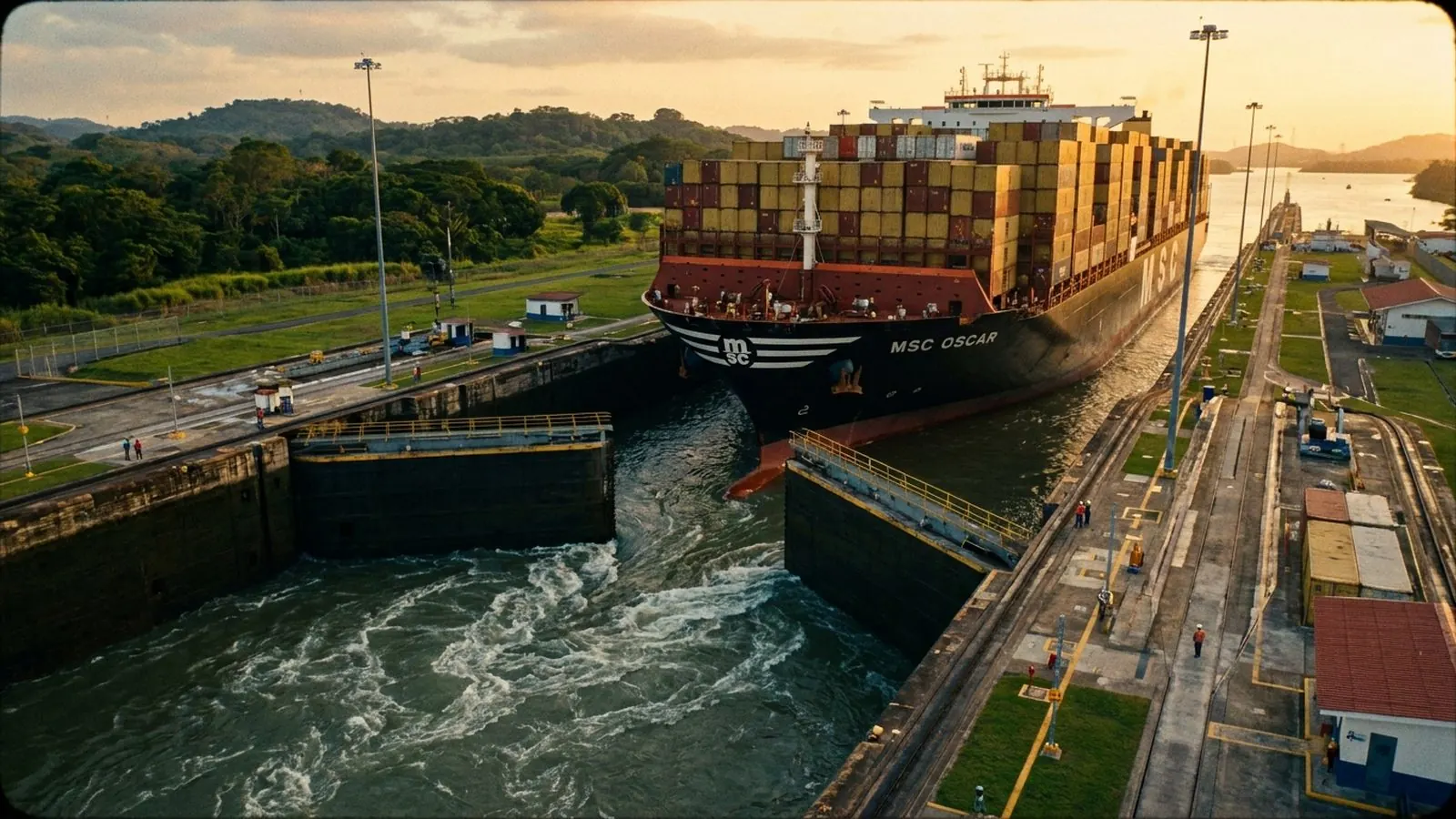 Container ship passing through Panama Canal locks